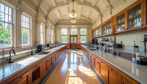 Interior of a vintage laboratory with long wooden counters & arched ceiling