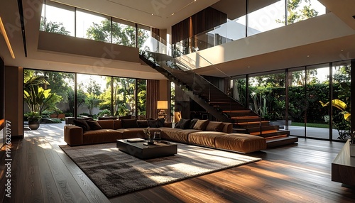 Luxurious modern living room with large windows, open stairs, and outdoor view