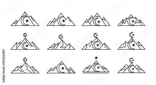 Minimalist mountain and crescent moon line art pattern repeated design elements