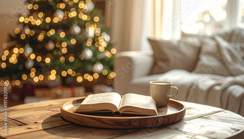 Open book and coffee on table near a decorated Christmas tree