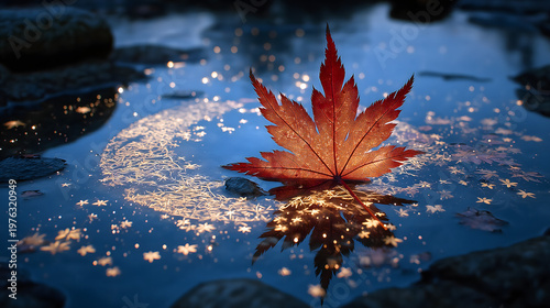 Mid-Autumn Maple Leaf Illustration, Inkstone Red Leaf, Vein Light Channel, Moon Reflection for Literati Aesthetic Use
