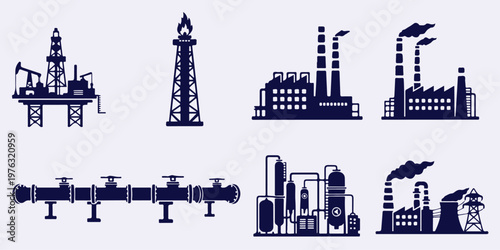 An illustration of various industrial facilities including oil rigs, factories, and pipelines against a plain background.