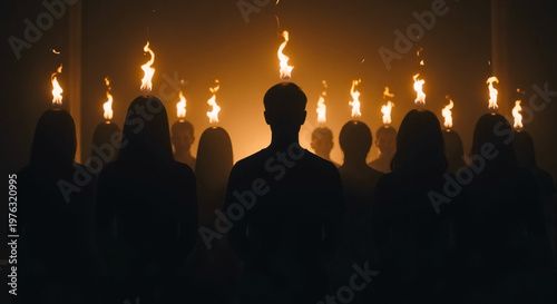 Silhouettes of people with flames on their heads. Spiritual concept of the Holy Spirit and divine inspiration. Religious group in a dark setting with glowing fire. Biblical pentecost theme