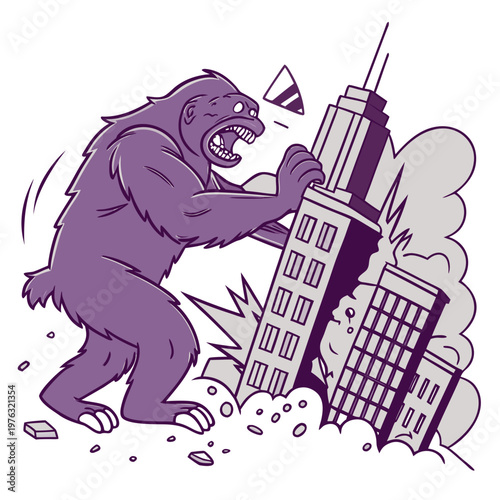 Giant purple gorilla-like monster smashing city buildings causing widespread destruction and chaos in an urban environment illustration sci fi destructive force destruction building creature