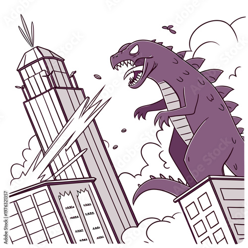 Giant purple dinosaur monster on a rampage roaring and destroying a tall city building with its massive size causing chaos and debris in an urban environment the scene depicts a kaiju-style