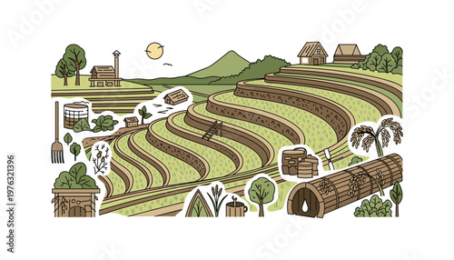 Vietnamese Rice Terrace Landscape Vector with Traditional Houses and Irrigation System.ai