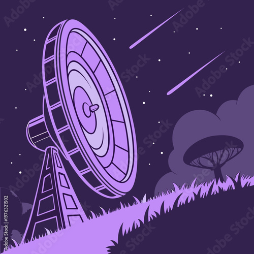 Large satellite dish radio telescope under starry night sky with shooting stars on grassy hill shooting star deep space meteor shower falling stars milky way astronomy communication universe