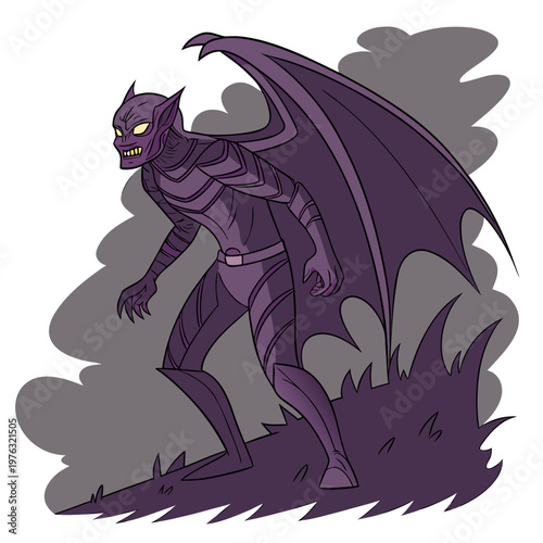 Menacing purple winged monster with sharp teeth and glowing eyes emerging from smoke in eerie fantasy illustration evil creature gargoyle creature mythical mythological frightening halloween