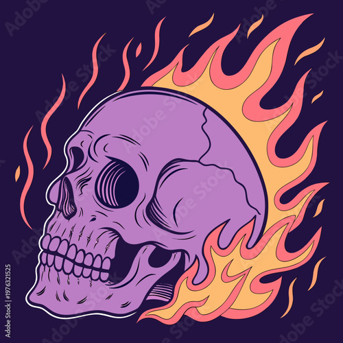 A purple skull illustration with orange and yellow flames erupting from its head depicted in a classic tattoo or retro comic book style on a dark background illustration halloween isolated