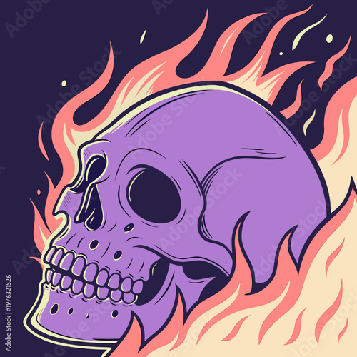 Purple human skull engulfed in orange and yellow flames on a dark background depicting danger and mortality rock and roll danger sign warning sign rock music metal music mortality halloween