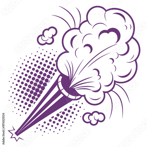 Monochrome line art illustration of a party popper emitting a large cloud of smoke designed in a classic comic book style with halftone dot patterns and action lines pop art black and white