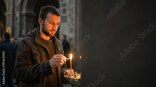 Man lighting a candle in a church. Religious ritual and faith concept. Young man praying in an orthodox cathedral