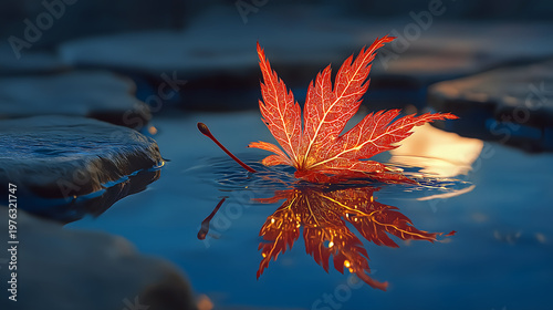 Mid-Autumn Maple Leaf Illustration, Inkstone Red Leaf, Vein Light Channel, Moon Reflection for Literati Aesthetic Use
