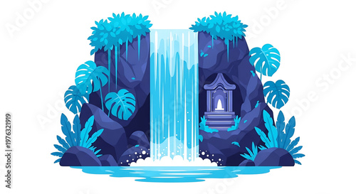 A serene vector illustration of a waterfall cascading down a rocky cliff with lush tropical plants and a small temple