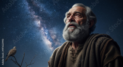 Elderly man looking at the starry night sky. Biblical Abraham observing the Milky Way. Concept of faith and divine promise. Close up portrait of a prophet with white beard