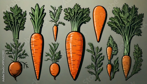 Freshly Harvested Carrots with Green Tops Displayed Together.