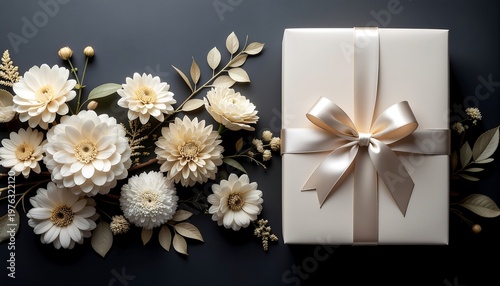 Elegant white flowers arranged beautifully next to a cream gift box. AI Generative