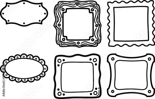 Collection of six ornate decorative frames and labels with hand drawn, scrapbook