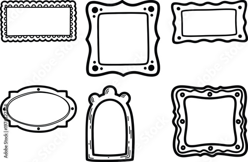 Set of six unique decorative frames and labels in sketch style with hand drawn