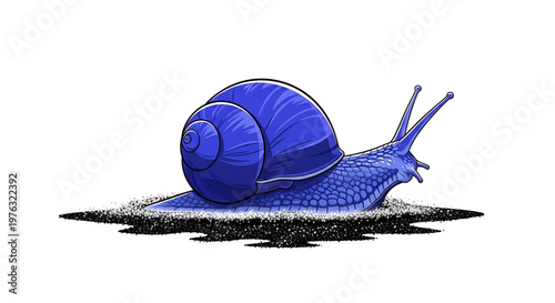 A vibrant blue snail illustration with a detailed shell and slimy trail on a white background