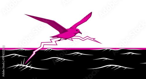 A vibrant pink bird in flight, generating a dynamic lightning bolt from its feet, set against a striking black and white background.
