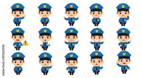 Set of cartoon police officers with various expressions and poses. Includes happy, sad, angry, and surprised characters. Perfect for illustrations and designs.