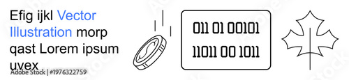 Cryptocurrency, blockchain, digital security, coding, minimalism, Canadian . Binary codes, a coin and a maple leaf with clean lines. Cryptocurrency and blockchain concepts
