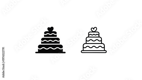 wedding cake icon with heart topper solid and outline style isolated on white background celebration dessert love event symbol