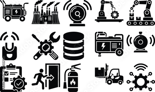 Industrial icons set: factory robot arm generator forklift tools with industry