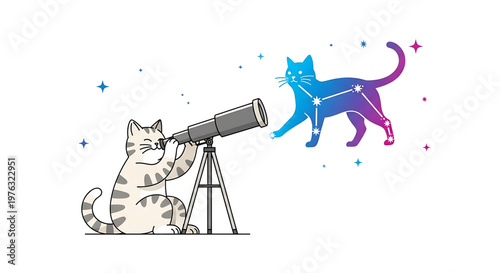 A whimsical vector illustration of a curious cat gazing at a colorful constellation of another cat through a telescope