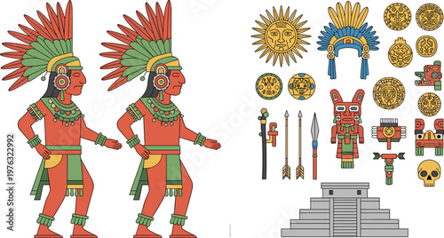 Aztec Civilization Icon Set with Ancient Warrior Character Headdress Symbols Temple Artifacts and Tribal Culture Elements for Historical Vector Illustration