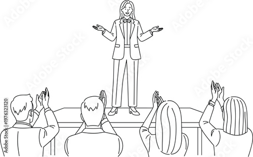 Business speaker presenting on stage with audience applauding professional success line art vector illustration for public speaking concept