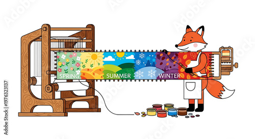 A cartoon fox operates a wooden loom to weave a vibrant fabric depicting the four seasons.