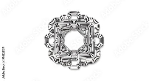 A complex, metallic-looking geometric design featuring interwoven lines and a central circular void against a stark white backdrop. This intricate pattern creates a visually engaging effect