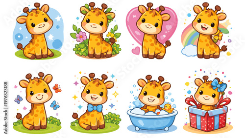 Cute Cartoon Giraffe Collection Vector Set with 8 Unique Designs on Transparent Background, giraffe cartoon, cute giraffe, giraffe vector, cartoon animal, kawaii giraffe, baby giraffe, animal art, 