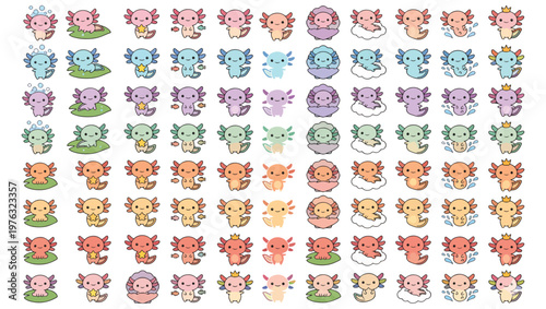 Cute Cartoon Axolotl Icons – 50+ Variations, Transparent Background, cartoon, axolotl, aquatic, cute, child-friendly, playful, minimalistic, soft outlines, colorful, pastel, pink, blue, lavender, 