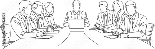 Corporate board meeting with executives discussing strategy around table professional line art vector illustration for business leadership concept