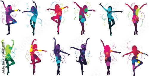 Colorful Dance Silhouette Set with Dynamic Female Dancer Poses Paint Splash Effects and Abstract Motion Elements for Creative Performance Illustration