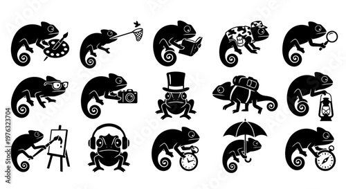 A collection of black silhouette illustrations depicting chameleons and a frog performing various human-like activities and hobbies, showcasing creativity and diverse roles.