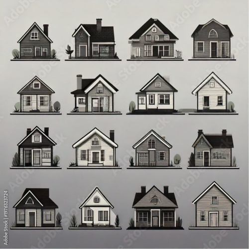Collection of pixel art houses in a grid pattern.