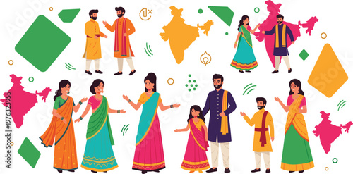 Indian Culture People Character Set with Traditional Clothing Saree Kurta Family Scenes and India Map Elements for Festival and Cultural Illustration Design