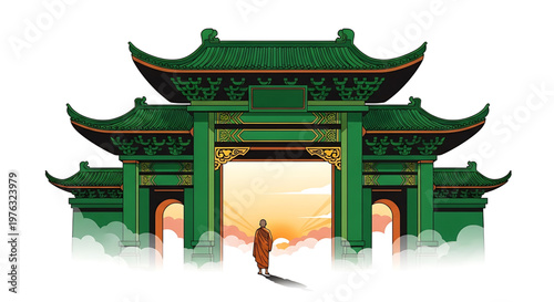 A serene Buddhist monk standing in front of a traditional Chinese temple gate at sunset