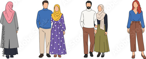Modest Muslim Fashion Character Set with Hijab Women Couples and Modern Outfit Styles for Lifestyle Clothing Illustration Collection