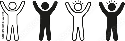 Stick figures with arms raised in celebration and excitement  happy people icons