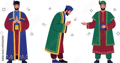 Ottoman Sultan and Traditional Turkish Men in Historical Attire with Royal Clothing and Greeting Gestures in Detailed Flat Vector Illustration Set