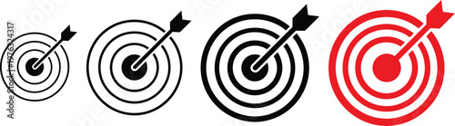 Four different size targets with arrows hitting the center bullseye perfectly  precision aiming concept