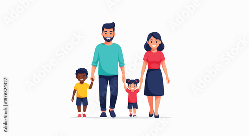 A family of four, including parents and two young children, walking hand in hand on a clean white background with a cheerful mood.