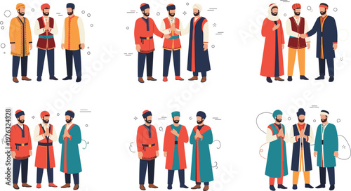 Middle Eastern Men in Traditional Clothing Set Featuring Cultural Attire, Turban, Robes, and Greeting Gestures in Modern Flat Vector Illustration Style