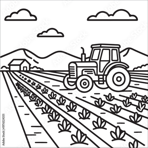 tractor plowing soil in spring farm field with rolling hills line art illustration