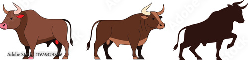 Bull Silhouette and Detailed Cattle Collection Vector Illustration Set Featuring Farm Bulls in Standing and Running Poses for Agriculture and Livestock Design